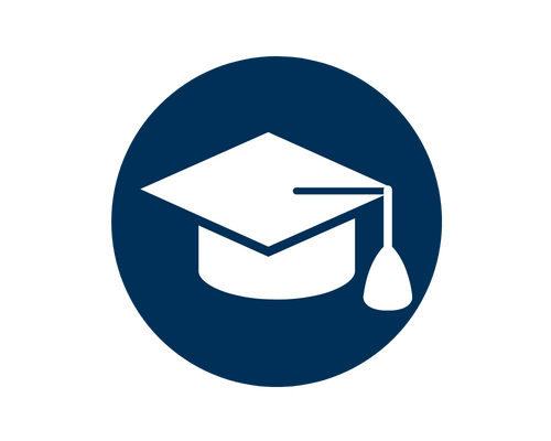 navy blue circle with a white graduation cap on it