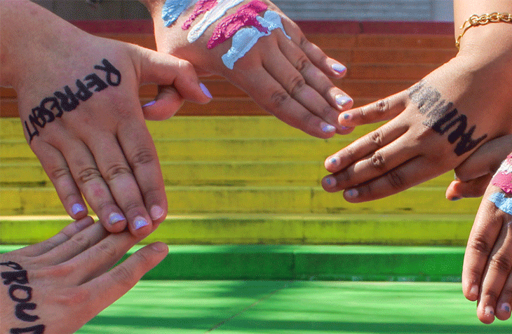 Diverse display of human hands with text or art painted on them - Authentic, Represent, Proud