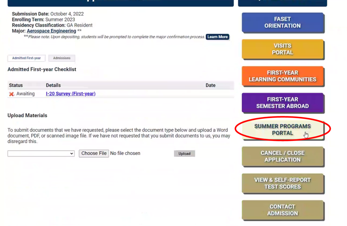 Screenshot of admissions portal showing where to apply for summer programs