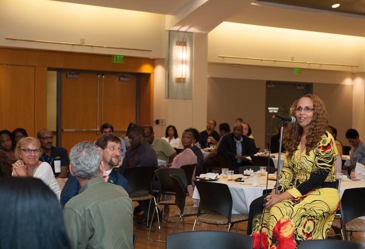 Cheryl Cofield, director of inclusion and engagement for Institute Diversity, facilitates a small group dialogue on micro-messages during the Diversity Roundtable luncheon at the Student Center Ballroom.
