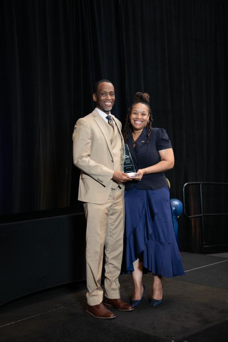 Dr. Gavin Samms, former managing partner of OMED, received the inaugural Tower Legacy Award for his leadership in OMED’s efforts to achieve parity for black students’ performance at Georgia Tech and the foundation of Tower Awards.